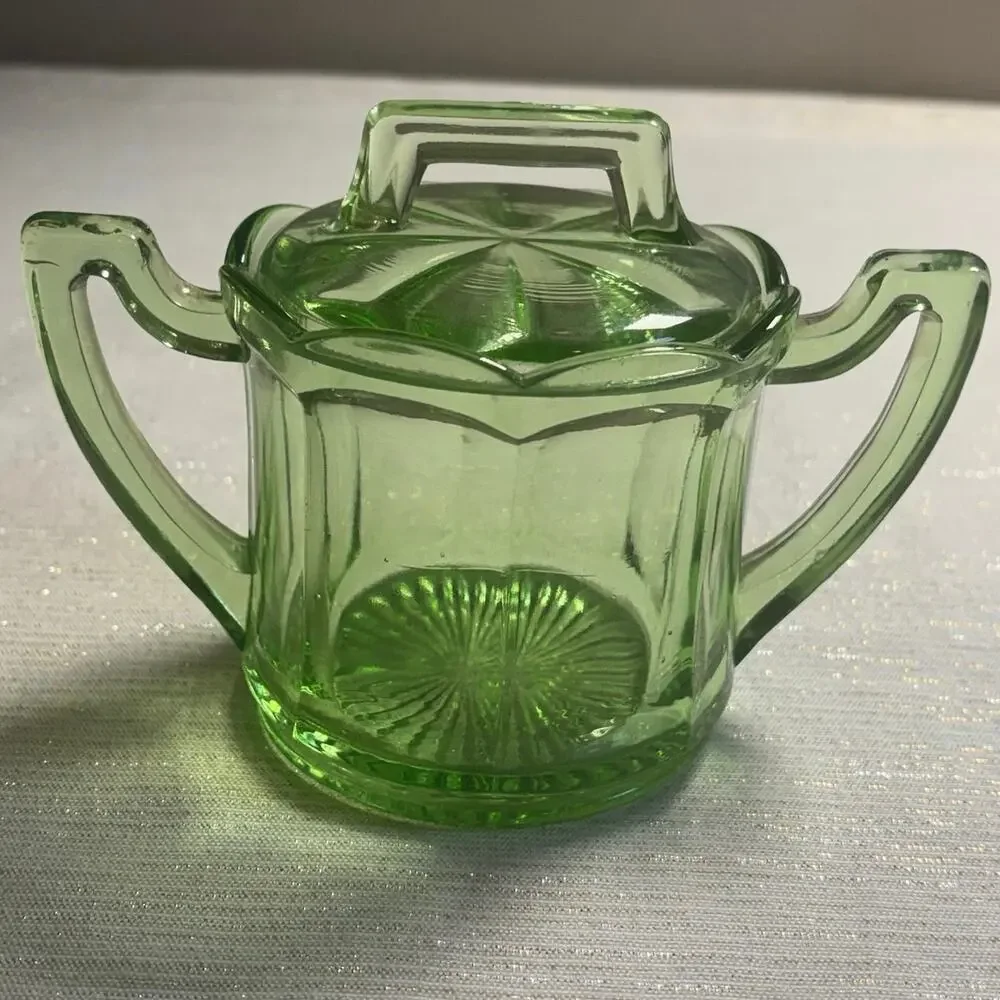 Vintage 1930s Green Depression Glass Creamer With Lid Anchor Hocking Colonial!